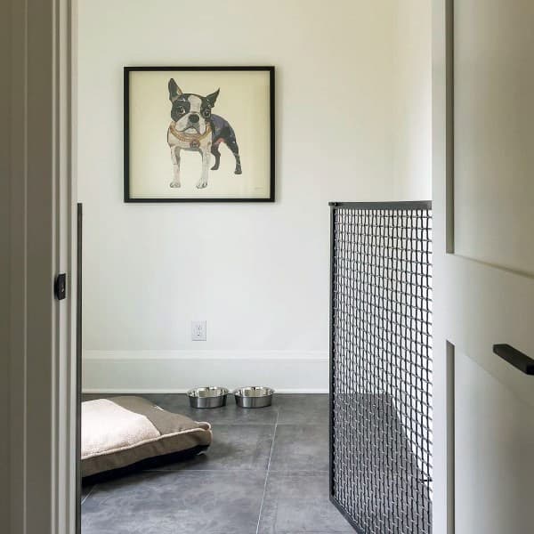 small dog room slate floor metal mesh gate water and food bowls 