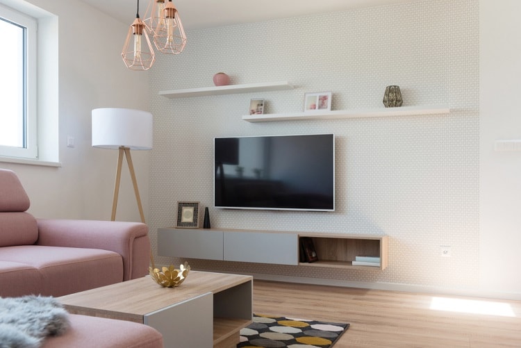contemporary floating entertainment center pink sofa wall mounted tv