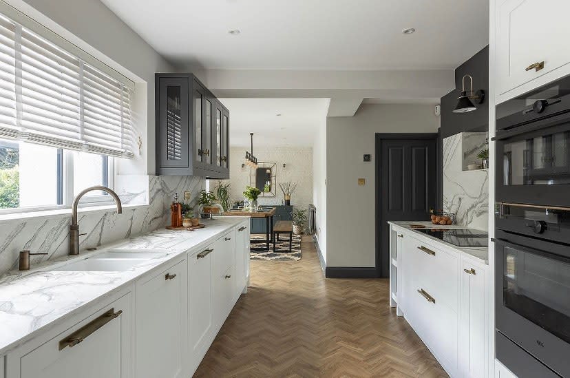 contemporary white galley kitchen subway vinyl flooring