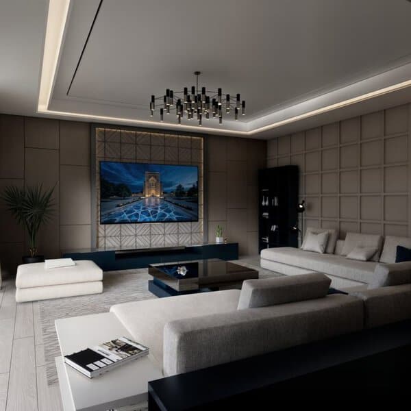 Luxurious grey and white living room with modern lighting, textured walls, and sleek decor.