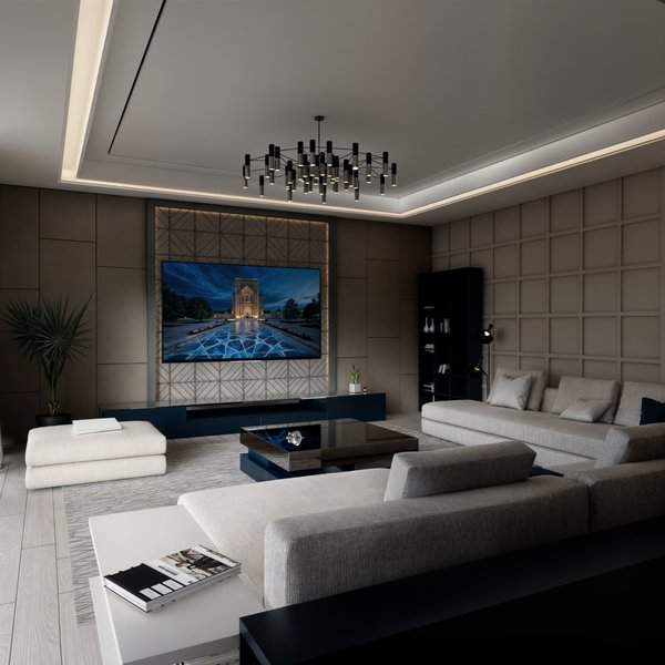Luxurious grey and white living room with modern lighting, textured walls, and sleek decor.
