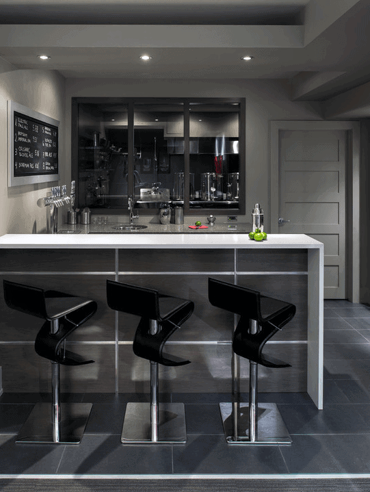 contemporary home basement wet bar black seats 