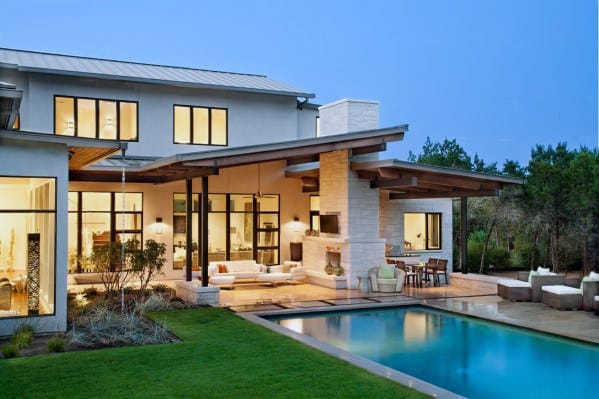 contemporary house backyard pool patio with roof