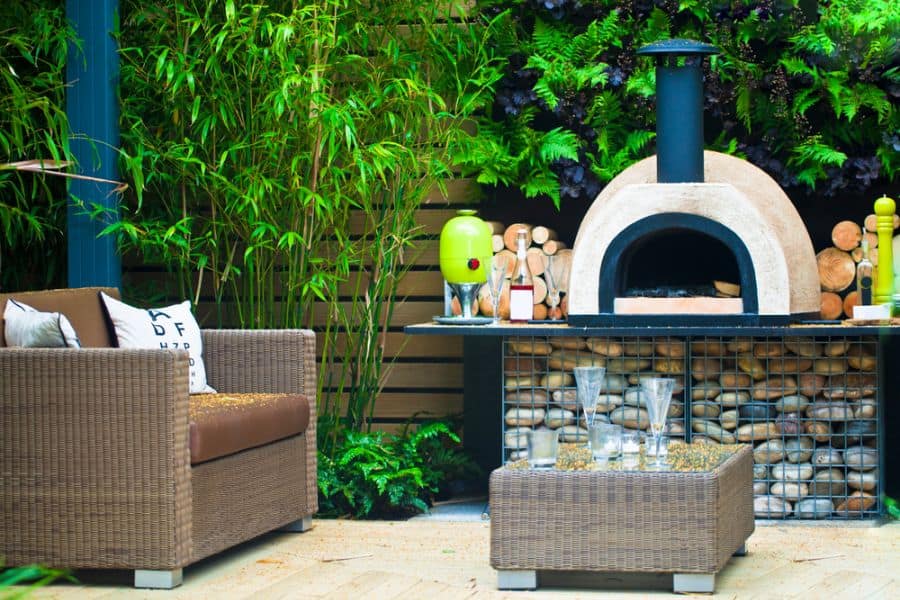 contemporary small patio with pizza oven