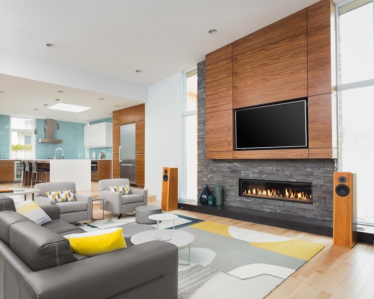 contemporary style fireplace entertainment center gray sofa 