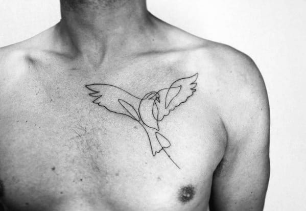 Minimalist continuous line tattoo of a bird in flight on the chest, featuring delicate black ink lines for a sleek and artistic design.