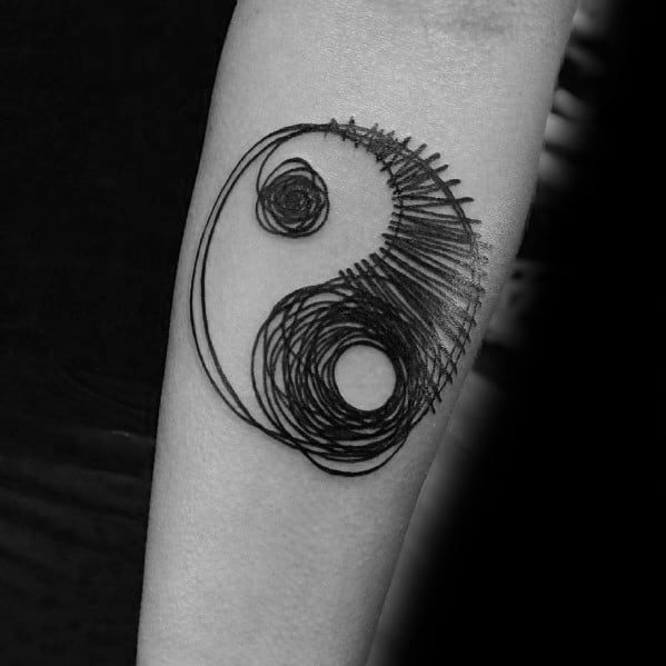 Abstract continuous line Yin-Yang tattoo on the forearm, featuring intricate swirling black ink strokes for a unique and artistic look.