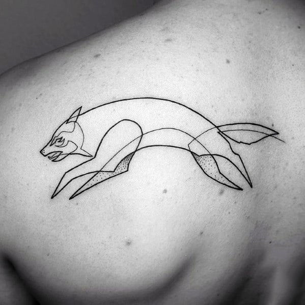 Geometric continuous line tattoo of a leaping fox on the shoulder, featuring bold black ink with subtle dot shading for a dynamic look.