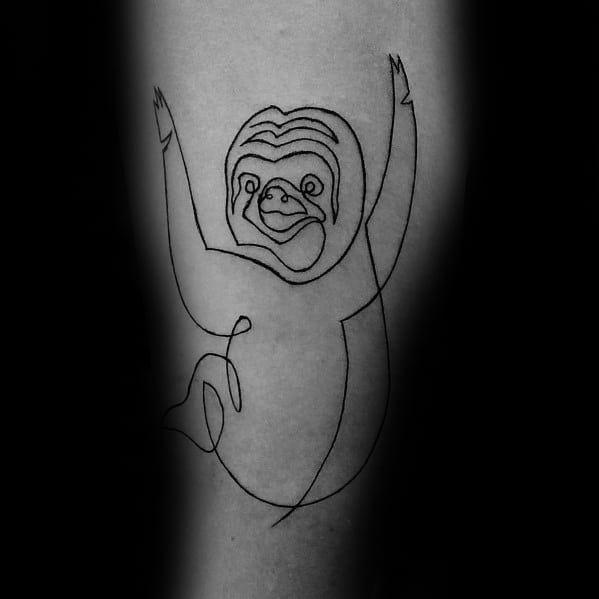 Playful continuous line tattoo of a smiling sloth hanging on the arm, featuring minimalist black ink strokes for a fun and relaxed design.