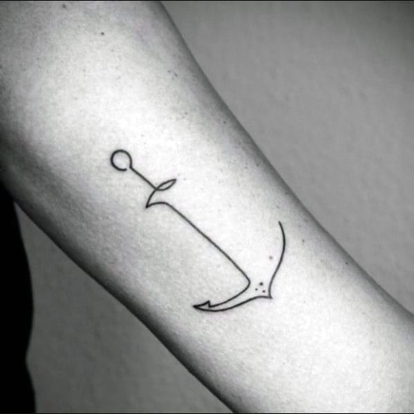 Minimalist continuous line anchor tattoo on the forearm, featuring clean black ink strokes for a sleek and nautical-inspired design.