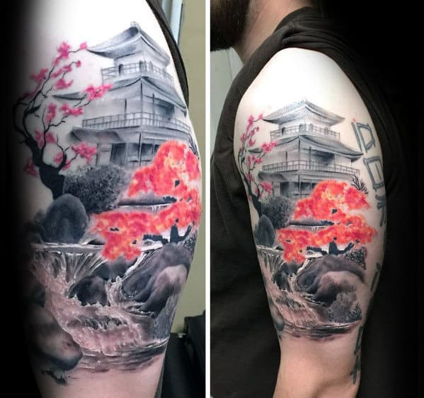 Contrasting Cherry Blossom Tree With Temple Mens Japanese Upper Arm Tattoo
