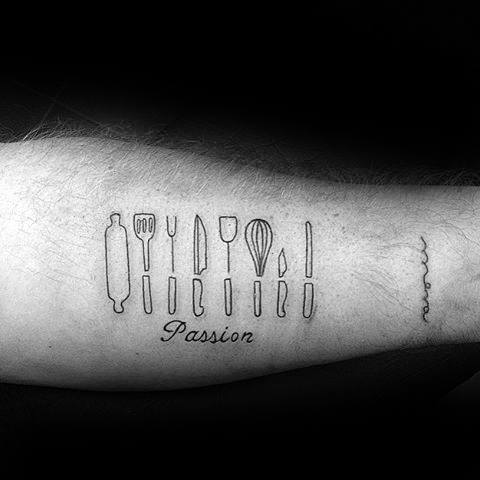 Forearm tattoo of kitchen utensils above the word "Passion" in script
