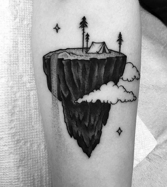 Cool 3d Cliff Tent Tattoo Design Ideas For Male On Forearm