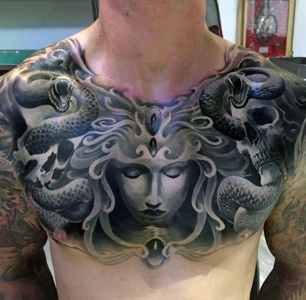 Cool 3d Mens Medusa Chest Tattoo Designs