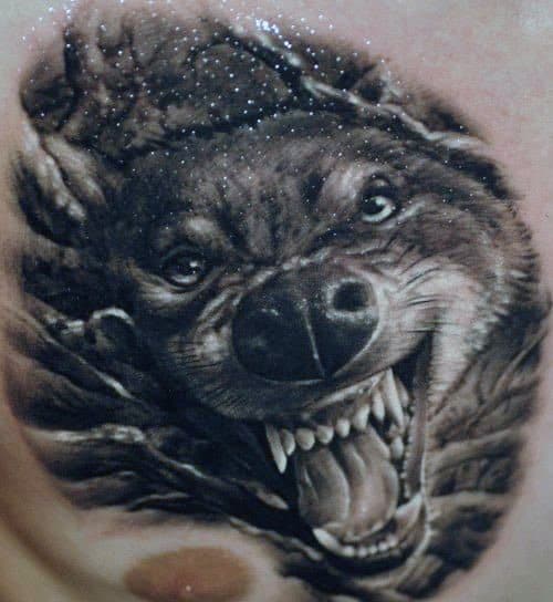Cool 3d Realistic Wolf Head Guys Upper Chest Tattoos