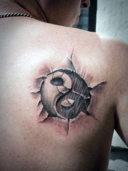 Cool 3d Ripped Skin Mens Yin Yang Tattoos On Back Of Shoulder