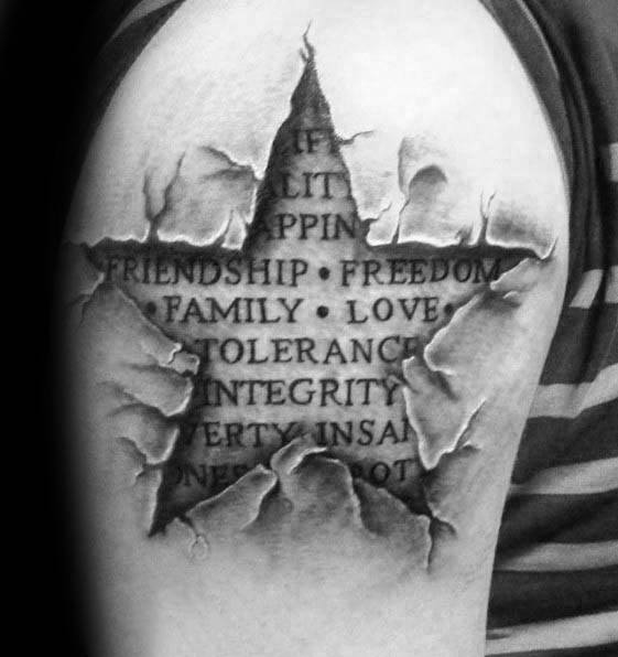 3D torn skin star tattoo on upper arm, revealing engraved words like family, freedom, and tolerance with deep shading for added realism.