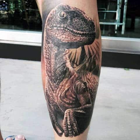 Cool 3d Velociraptor Dinosaur Mens Leg Calf Tattoos
