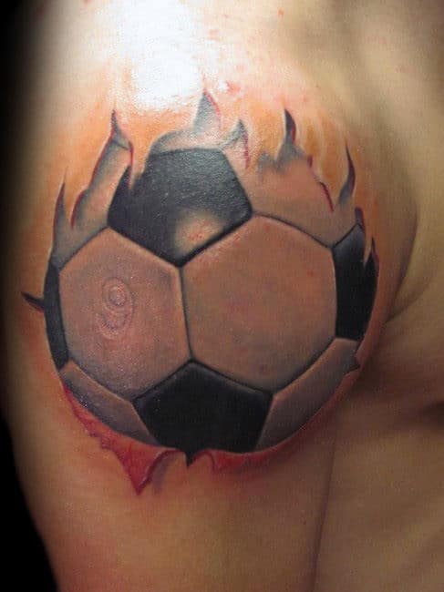 Cool 3d White Ink Soccerball Mens Shoulder Tattoo Designs