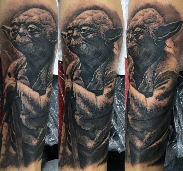 Cool 3d Yoda Guys Forearm Sleeve Tattoo