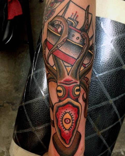 Cool Abstract Male Squid Tattoo With Tentacles Wrapped Around Ocean Vessel