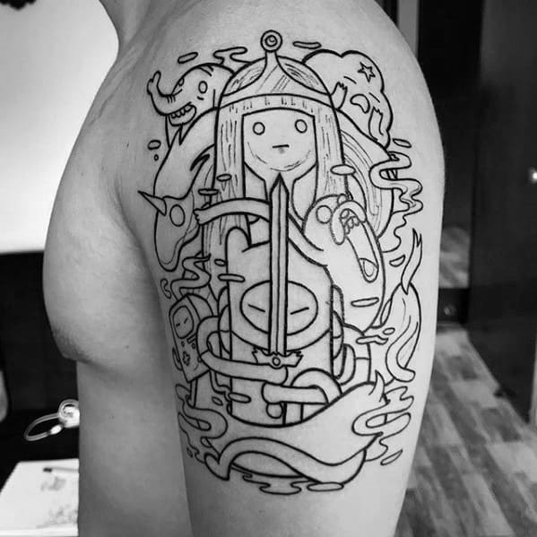 Black linework Adventure Time tattoo on the upper arm featuring Finn, Princess Bubblegum, BMO, and other characters in a dynamic scene.