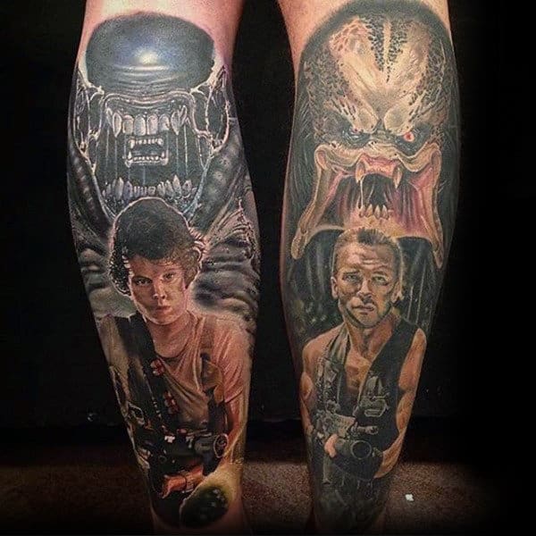 Cool Alien Vs Predator Characters From Movie Mens Leg Sleeve Tattoos
