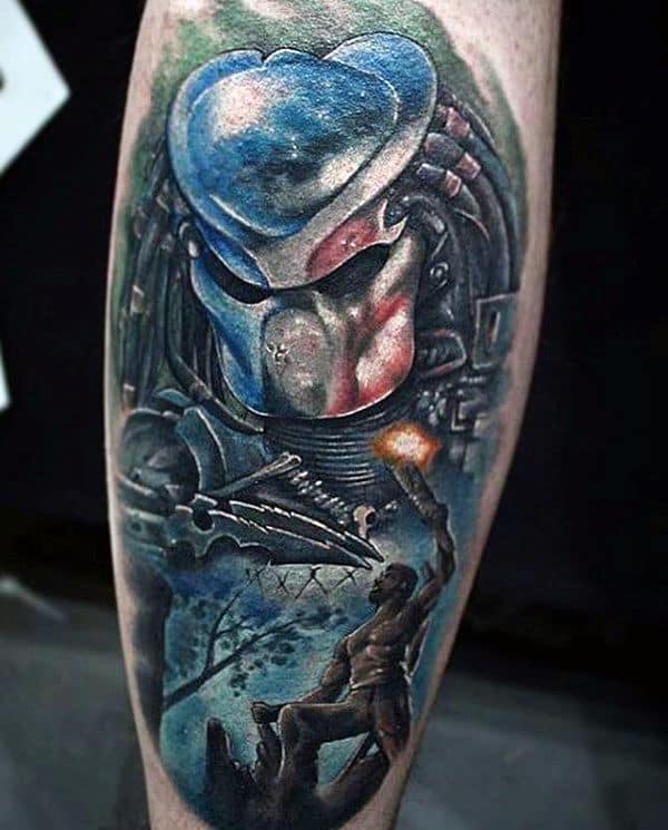 Cool Alien Vs Predator Themed Mens Leg Tattoo Ideas