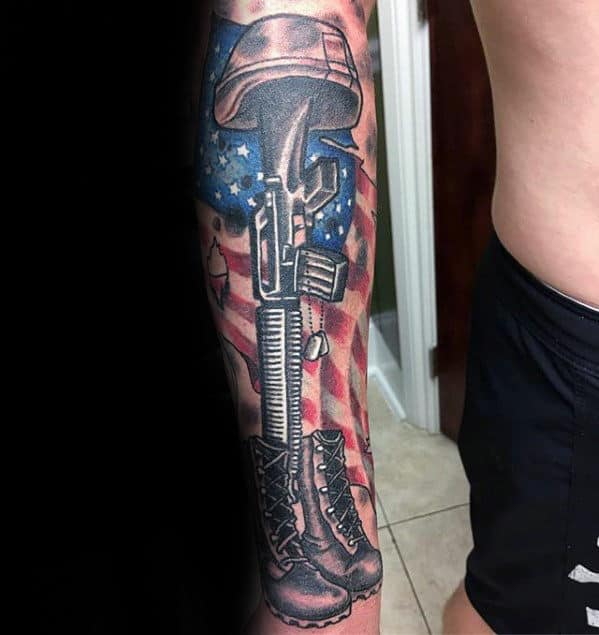 Cool American Flag Guys Fallen Soldier Forearm Sleeve Tattoo