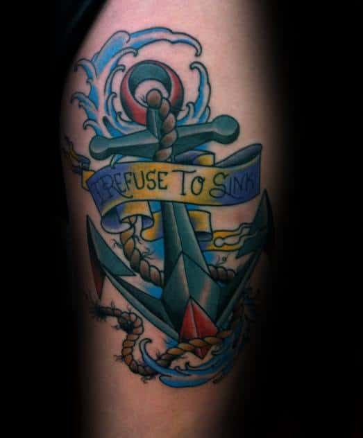 Colorful anchor tattoo with swirling waves, a banner declaring 'Refuse To Sink'