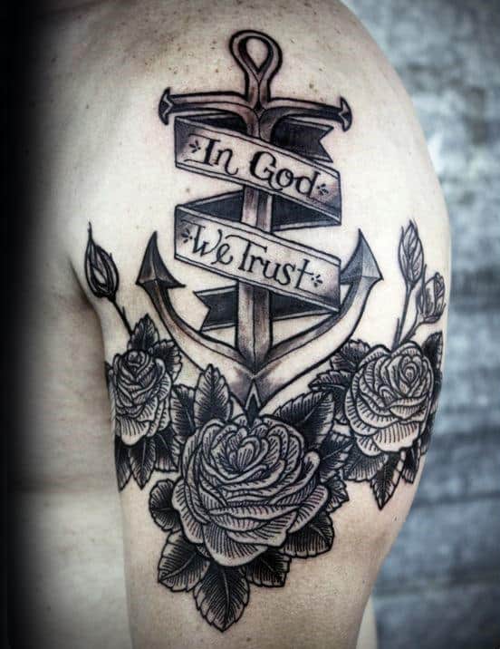Cool Anchor In God We Trust Guys Arm Tattoos