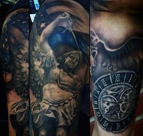 Detailed tattoo of a winged figure with a sword, and a clock with Roman numerals