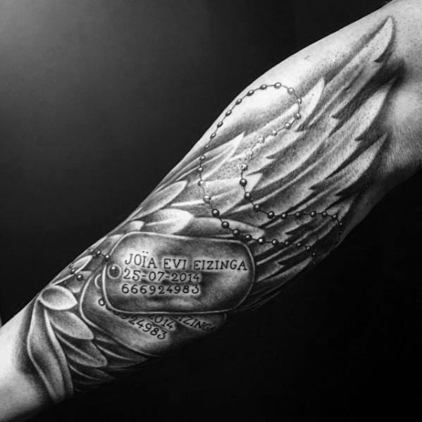 Cool Angel Wing Dog Tag Name Forearm Tattoo For Guys