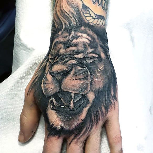 Cool Angry Lion Hand Tattoos For Guys