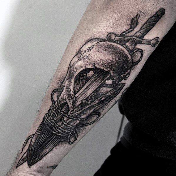 Cool Animal Skull Sword Unique Forearm Tattoos For Men