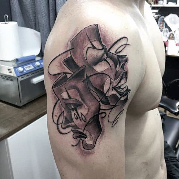 Cool Arm Laughing And Sad Drama Mask Tattoo Design Ideas For Male