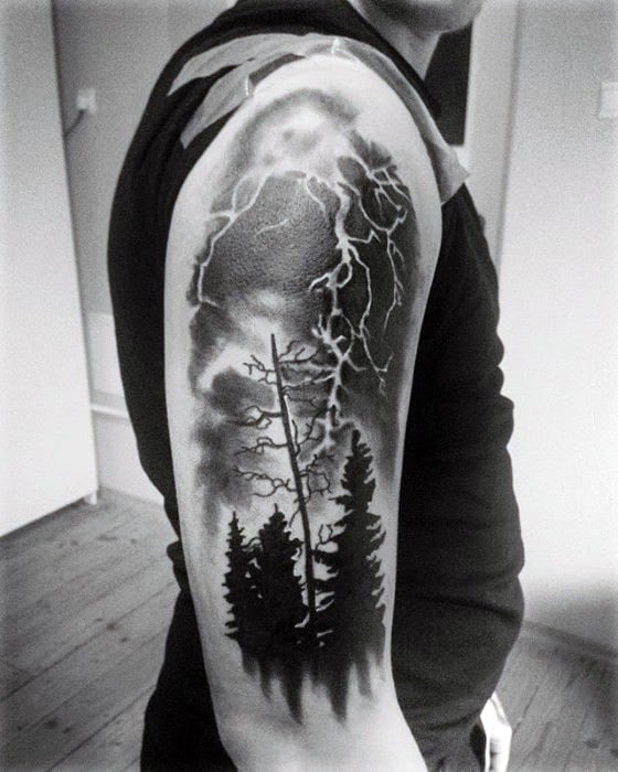 Cool Arm Pine Trees Thunderstorm Tattoo Design Ideas For Male