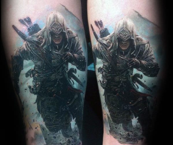 Cool Assassins Creed Watercolor Background Guys Leg Tattoo