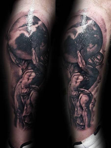 Cool Atlas Greek Fitness Leg Tattoo On Guy