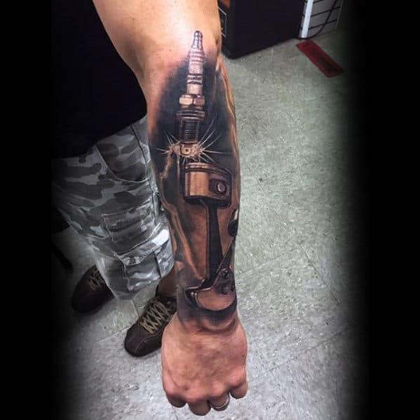 Cool Awesome Guys Piston And Spark Plug 3d Arm Tattoos