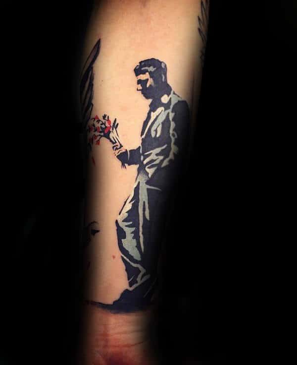 Cool Banksy Sad Man With Flowers Forearm Tattoo For Guys