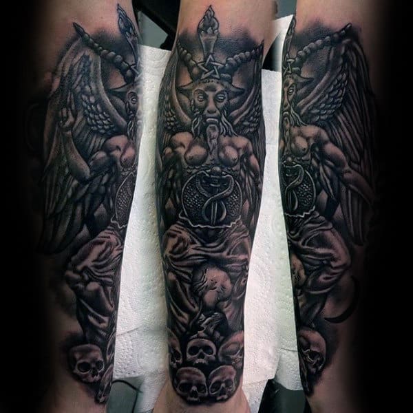 Cool Baphomet Black Ink Shaded Male Tattoo Sleeve On Forearm