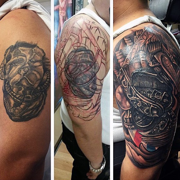 Cool Barbershop Upper Arm Tattoo On Man