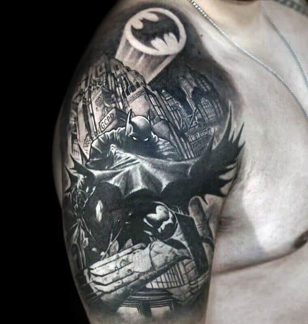 Cool Batman Themed Smybol Mens Half Sleeve Tattoos