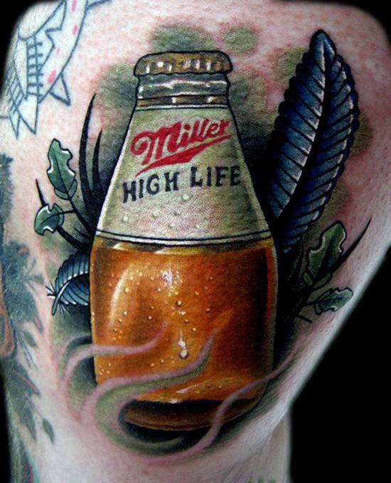 Colorful and realistic tattoo of a Miller High Life bottle surrounded by leaves and smoke-like swirls, blending lifelike detail with bold illustrative elements.