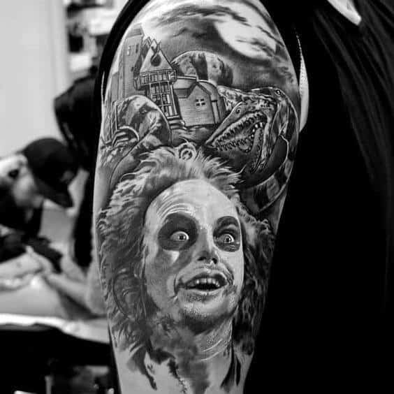 Cool Beetlejuice Themed Guys Half Sleeve Tattoo Inspiration