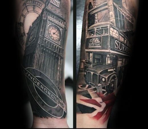 Detailed black and grey tattoo featuring Big Ben with the London Underground logo on one side, and a vintage London bus with a Union Jack design on the other side.
