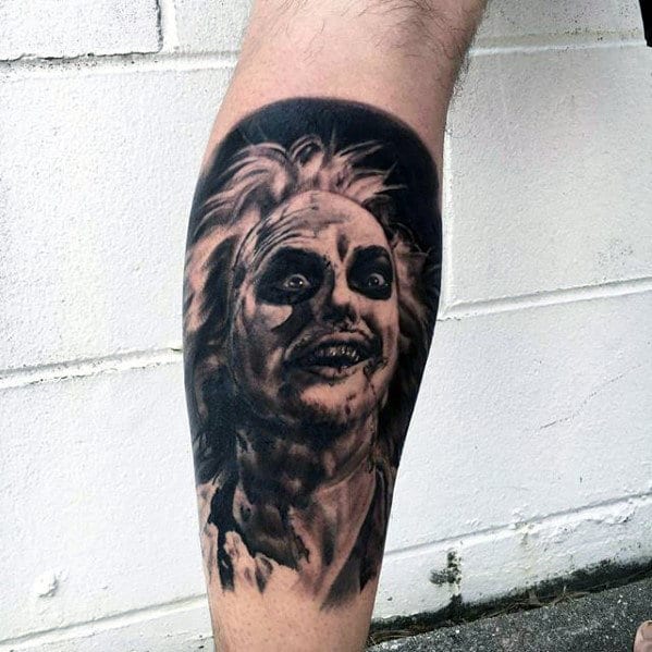 Cool Black And Grey Ink Mens Beetlejuice Leg Sleeve Tattoo Ideas