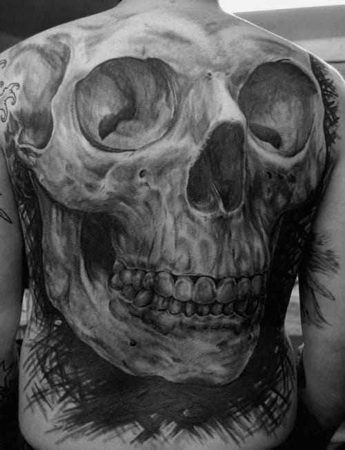 Cool Black And Grey Ink Realistic Skull Guys Back Tattoo Designs