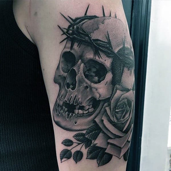 Cool Black And Grey Shaded Skull With Crown Of Thorns Mens Arm Tattoos